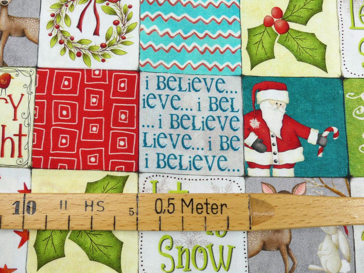 Patchworkstoff Windham Fabrics Quadrate mit weihnachtlichen Motiven mit Maß